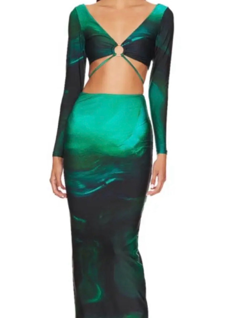 Farai London Emerald Marble-Print Maxi Skirt